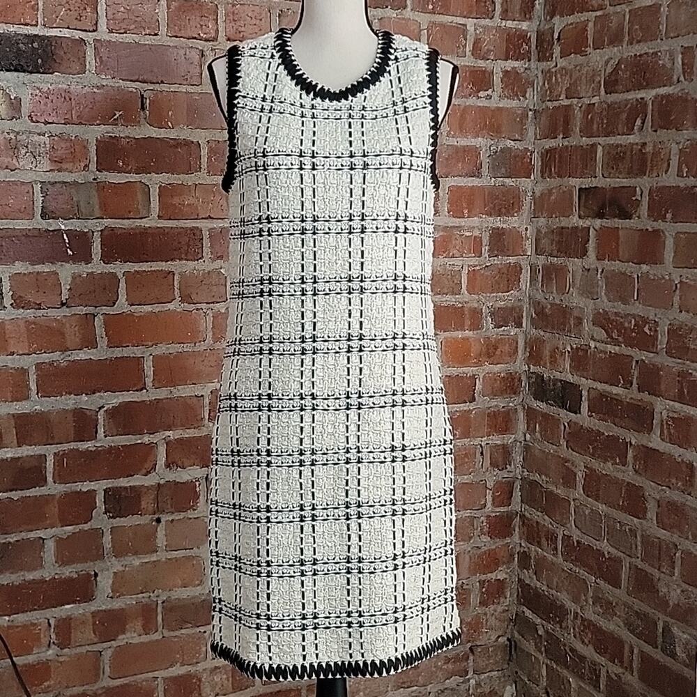 Tory Burch Black Ivory Sleeveless Tweed Midi Dress Medium